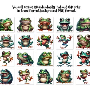 May include: Twenty digital clip art images of green frogs in various poses, with expressive faces and bright colors. The frogs are isolated on a transparent background.