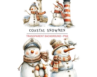 Coastal Snowmen PNG Clipart, Nautical Snowman Christmas Graphics, Digital Download