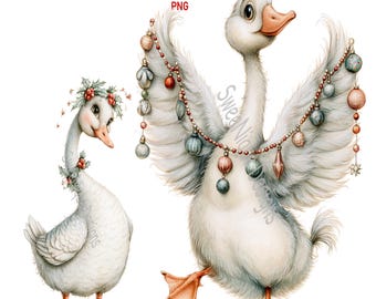 Christmas Goose PNG Cliaprt, Festive Holiday Geese Illustrations, Transparent Background, Digital Download
