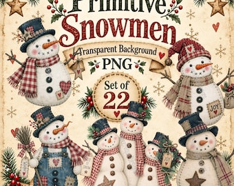 Primitive Snowman PNG Clipart, Rustic Country Christmas Graphics, Vintage, Digital Download