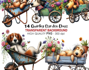 かわいい個性的な庭の犬14匹のクリップアート（透明背景、高品質300dpi、デジタルダウンロード、プリント、昇華、HTV対応）