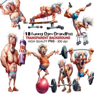 18 Clipart grands-pères de gymnastique drôle PNG vieillards haltérophilie téléchargement numérique fond transparent 300 DPI impertinent retraité impression par sublimation