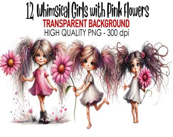 Whimsical Girls with Pink Flowers Clipart, PNG Graphics (Digital Download)