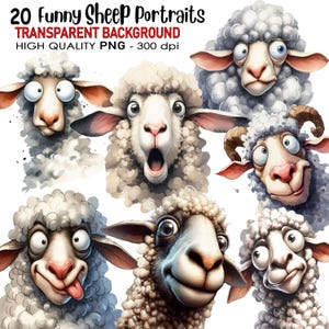 May include: A collection of 20 funny sheep portraits with different expressions. The sheep are drawn in a cartoon style with exaggerated features. The background is transparent.