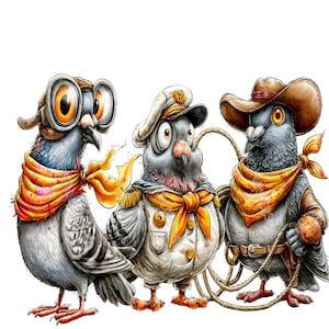 May include: Three illustrated pigeons standing side by side. The left pigeon wears brown aviator goggles and a yellow neckerchief. The center pigeon wears a white sailor hat and uniform with a yellow neckerchief. The right pigeon wears a brown cowboy hat, a yellow neckerchief, and holds a lasso.