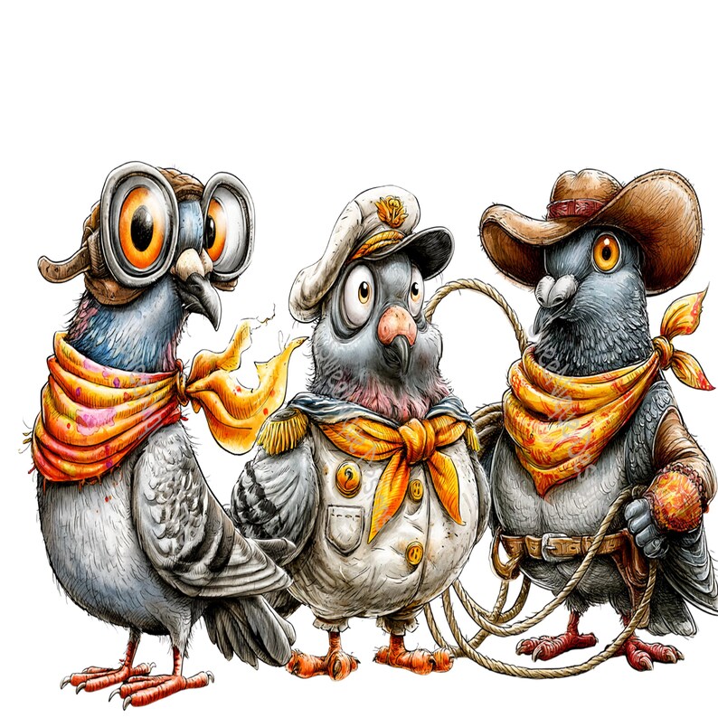 May include: Three illustrated pigeons standing side by side. The left pigeon wears brown aviator goggles and a yellow neckerchief. The center pigeon wears a white sailor hat and uniform with a yellow neckerchief. The right pigeon wears a brown cowboy hat, a yellow neckerchief, and holds a lasso.