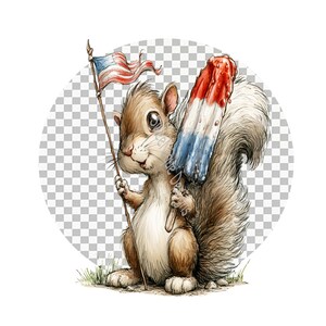 May include: A brown squirrel illustration holding a small American flag on a wooden pole in one paw and a red, white, and blue tri-coloured ice lolly in the other. The squirrel has a fluffy tail and stands on a patch of green grass.