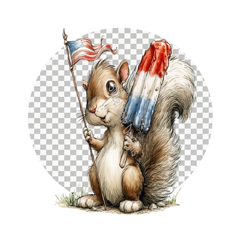 May include: A brown squirrel illustration holding a small American flag on a wooden pole in one paw and a red, white, and blue tri-coloured ice lolly in the other. The squirrel has a fluffy tail and stands on a patch of green grass.