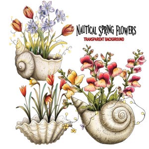 May include: Watercolor illustration of three seashell planters filled with colorful spring flowers. The flowers include tulips, hyacinths, and snapdragons. The text "Nautical Spring Flowers" is displayed.