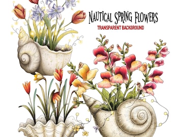 Nautical Spring Flowers PNG Clipart – 15 Coastal Seashell Florals, Whimsical Flower Transparent Background