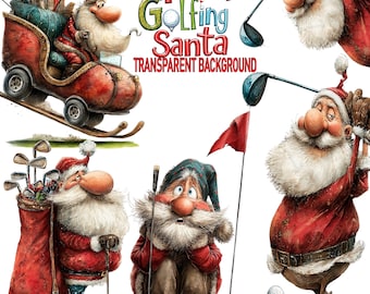 Divertente clipart PNG di Babbo Natale che gioca a golf: 12 grafiche natalizie, sfondo trasparente, acquerello, sublimazione, stampa