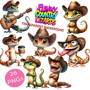26 PNG lustige Land Cowboy Eidechsen Clipart transparenten Hintergrund, hohe Qualität 300dpi Digital Download Drucke, Aquarell Sublimation