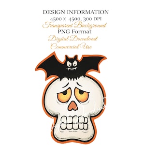 Może przedstawiać: Cyfrowy projekt o tematyce Halloween z kresk&oacute;wkową czaszką z pomarańczowymi oczami i nietoperzem. Projekt ma pomarańczowy kontur i zawiera tekst "DESIGN INFORMATION" i "Commercial Use".
