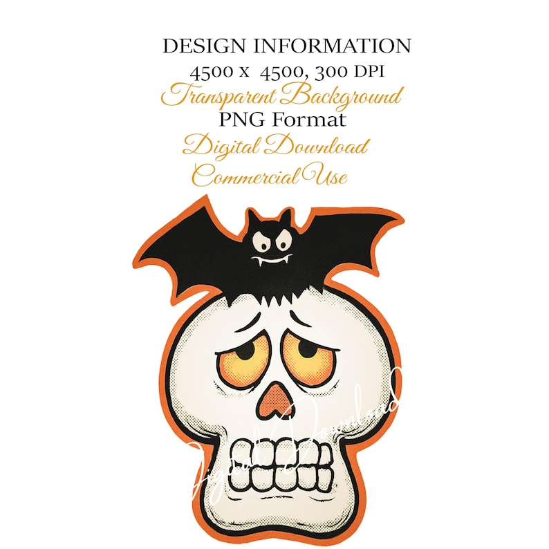 Może przedstawiać: Cyfrowy projekt o tematyce Halloween z kresk&oacute;wkową czaszką z pomarańczowymi oczami i nietoperzem. Projekt ma pomarańczowy kontur i zawiera tekst "DESIGN INFORMATION" i "Commercial Use".