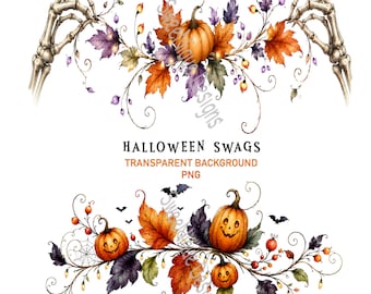 Halloween Swag Wreath PNG, Whimsical Spooky Season Flowers, Autumn Floral Elements, Transparent Background, Digital Download