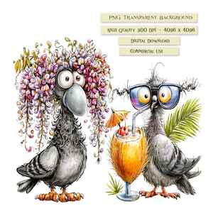 Funny pigeon clipart set featuring 30 whimsical watercolor-style PNG graphics with transparent backgrounds, including quirky city pigeons with oversized eyes, flowers, tropical drinks, ice cream, scarves, hats, sunglasses, seasonal accessories, and playful expressions.