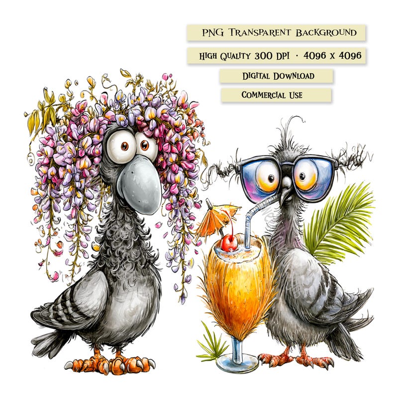 Funny pigeon clipart set featuring 30 whimsical watercolor-style PNG graphics with transparent backgrounds, including quirky city pigeons with oversized eyes, flowers, tropical drinks, ice cream, scarves, hats, sunglasses, seasonal accessories, and playful expressions.