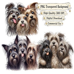 May include: A digital illustration featuring two groups of shaggy-haired dogs with expressive eyes and tongues sticking out. The text reads PNG Transparent Background, High Quality 300 DPI, Digital Download, and Commercial Use with star accents.