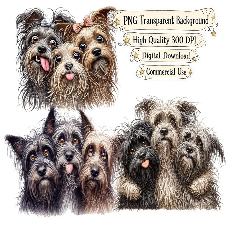 May include: A digital illustration featuring two groups of shaggy-haired dogs with expressive eyes and tongues sticking out. The text reads PNG Transparent Background, High Quality 300 DPI, Digital Download, and Commercial Use with star accents.