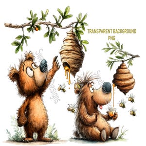 May include: Watercolor illustration of two cartoon bears with beehives and bees. One bear reaches for a beehive, while the other sits and enjoys honey from a jar. Green leaves and the text "TRANSPARENT BACKGROUND PNG" are also visible.