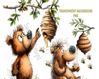 Clipart PNG di orsi ad acquerello: 18 divertenti immagini di animali del bosco con sfondo trasparente, download digitale.