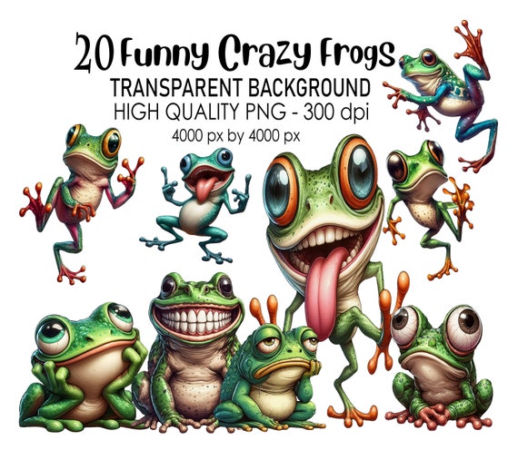 20 Transparent Background Funny Crazy Frogs Clip Art, PNG 300 dpi High Quality Digital Download Prints, Watercolor Style, Sublimation