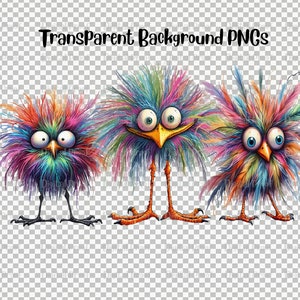 Peut inclure: Trois oiseaux de dessin anim&eacute; avec des plumes color&eacute;es et h&eacute;riss&eacute;es et de grands yeux. Les oiseaux sont debout sur un fond transparent.