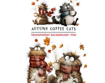 Autumn Coffee Cats PNG Clipart, Cozy Fall Graphics, Digital Download