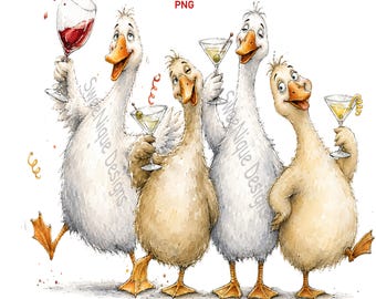 Divertente clipart di un'oca ubriaca e sciocca in formato PNG, illustrazioni di oche ubriache per una festa, sfondo trasparente, download digitale