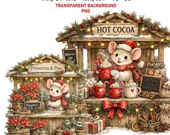 Clipart PNG di un topolino del mercatino di Natale, illustrazioni natalizie fantasiose, sfondo trasparente, download digitale