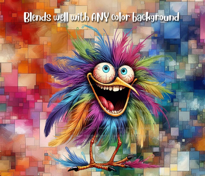 Peut inclure: Un oiseau de style cartoon color&eacute; avec un large sourire aux dents et de grands yeux ronds. L'oiseau a un arc-en-ciel de plumes et se tient sur un fond g&eacute;om&eacute;trique color&eacute;. Le texte "Se marie bien avec TOUT fond de couleur" est &eacute;crit au-dessus de l'oiseau.