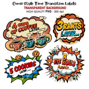 Clipart di transizione temporale comica divertente - Sfondo trasparente PNG Fumetti impertinenti per adesivi per album, diari, agende, sublimazione