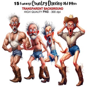 15 drôles de danse country vieillards Clip Art, fond Transparent PNG 300 DPI haute qualité téléchargement numérique, impressions, aquarelle, sublimation