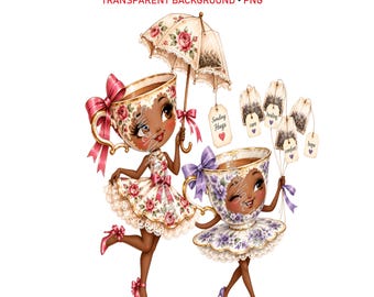 Teacup Ladies PNG, African American Tea Ladies Clipart, Vintage Floral Teacups, Digital Download