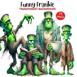 Pode incluir: Ilustração digital com quatro monstros de Frankenstein de pele verde em várias poses. Um está lendo um livro, outro está segurando uma xícara de café e os outros estão em poses dinâmicas. O texto "Funny Frankie" e "Transparent Background" estão no topo.