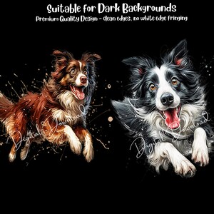 May include: Two digital illustrations of border collie dogs running with their tongues out. The dogs are against a black background with white paint splatters.