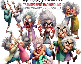 18 Transparent Background Feisty Old Ladies Clip Art, PNG 300 dpi High Quality Digital Download Prints, Watercolor Sublimation, Grannies