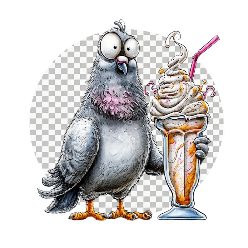 Funny pigeon clipart set featuring 30 whimsical watercolor-style PNG graphics with transparent backgrounds, including quirky city pigeons with oversized eyes, flowers, tropical drinks, ice cream, scarves, hats, sunglasses, seasonal accessories, and playful expressions.