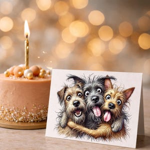 May include: A greeting card featuring a colorful illustration of three shaggy dogs with wide eyes and tongues out, huddled together. Beside the card sits a round, light-colored cake topped with small gold and white spheres and a single lit candle.