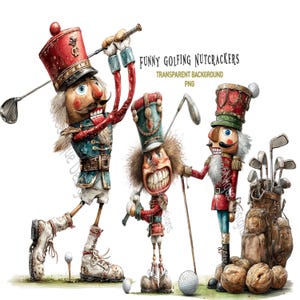 May include: A humorous illustration featuring three nutcracker figures engaged in a game of golf. They are dressed in red and blue military-style uniforms and hats. One is swinging a club, another is about to hit a ball, and the third stands near a golf bag. The text "FUNNY GOLFING NUTCRACKERS" is visible.