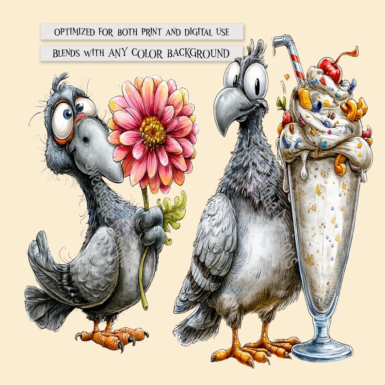 May include: Digital illustration of two grey pigeons with large eyes. One holds a pink flower, the other stands by a tall glass of ice cream with a cherry and striped straw. Text reads: OPTIMIZED FOR BOTH PRINT AND DIGITAL USE BLENDS WITH ANY COLOR BACKGROUND.