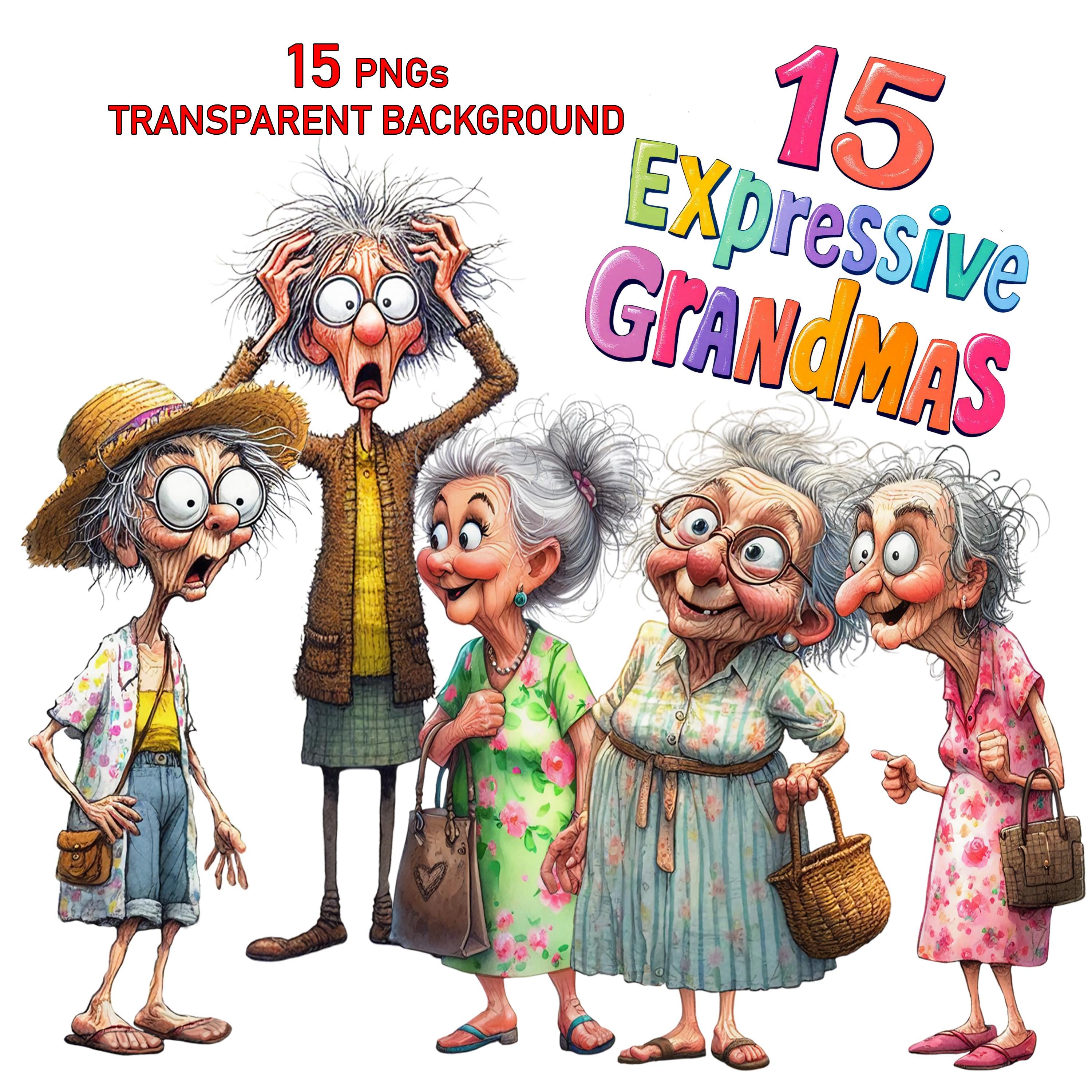 15 Funny Expressive Grandma Clip Art Transparent Background PNG High Quality Digital Download Prints, Sublimation, Sassy Senior Old Lady