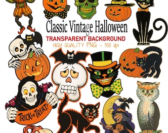 Clipart PNG di Halloween vintage classico: adesivi retrò fustellati, 24 immagini digitali con sfondo trasparente, stampa di alta qualità o sublimazione.