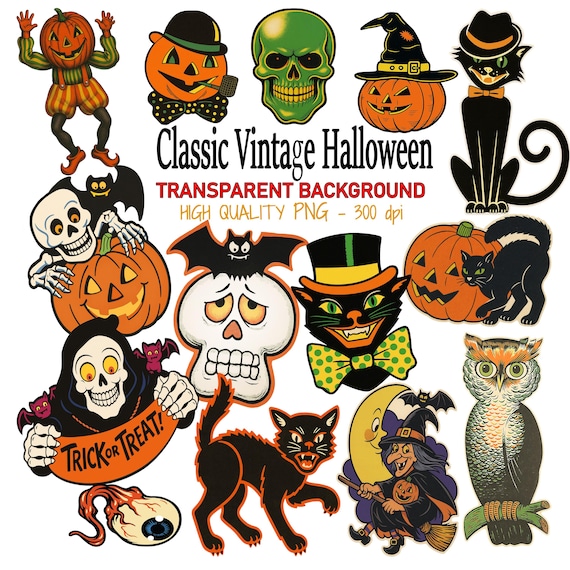 Classic Vintage Halloween PNG Clipart: Retro Die Cut Stickers, 24 Transparent Background Digital Download HQ Print or Sublimation Ephemera