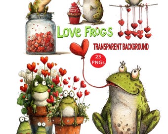 Funny Love Frogs PNG Clipart: 23 Quirky Valentine Graphics Transparent Background Watercolor Sublimation Print