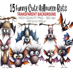 May include: Fifteen digital illustrations of cute, cartoon bats with various expressions. The bats are in different poses, some are hanging upside down, some are flying, and some are perched. The bats are all colorful and have large eyes. The background is transparent.