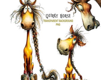 Quirky Horse Clipart: 15 Funny Farm Animal Illustrations Transparent Background Digital Download