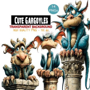 Puede incluir: Tres gárgolas de dibujos animados en tonos de azul, beige y naranja están posadas sobre columnas de piedra. La imagen incluye el texto "Cute Gargoyles, Transparent Background, High Quality PNG - 300 dpi" y un círculo con "14 PNGs".