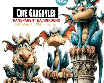 Clipart PNG di gargoyle carini, 14 stravaganti creature gotiche e fantastiche, grafica con sfondo trasparente, download digitale, sublimazione, stampa, diario