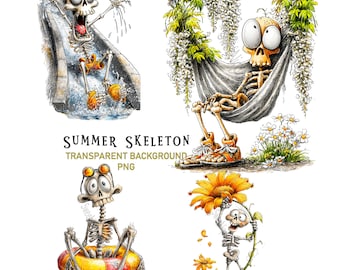 Funny Summerween Skeleton PNG Clipart: 28 Summer Halloween Graphics Transparent Background, Digital Download for Sublimation or Print